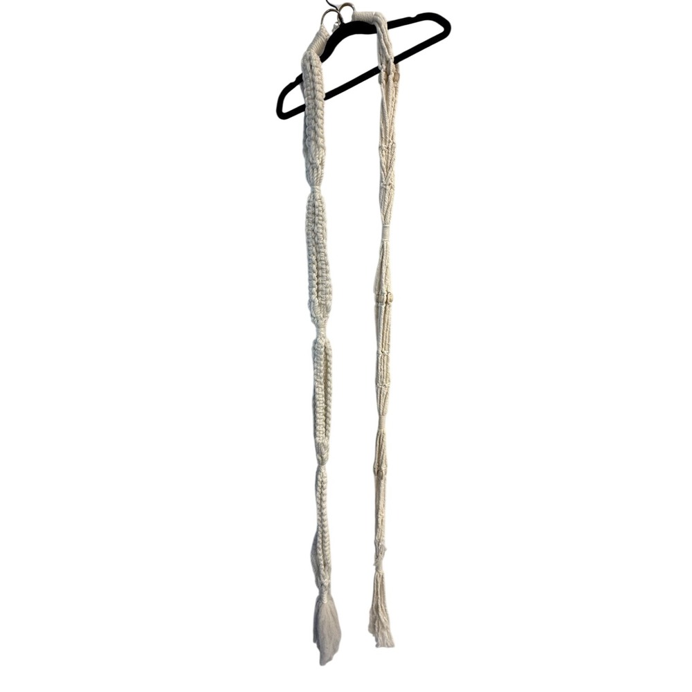Pair Of VTG Wood Beaded (1) Macrame Plant Hanger White Set 2 Large 3 Plants/each